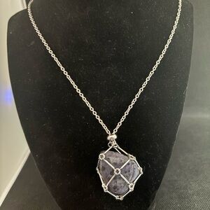 Silver tone cage necklace purple Dalmatian crystal